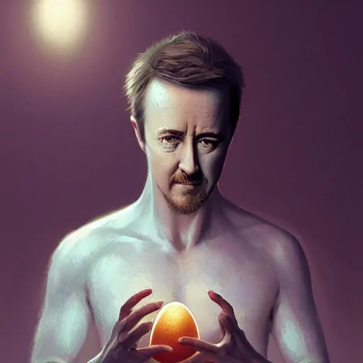 Prompt: edward norton as an egg, highly detailed, eggshell texture, dramatic lighting, concept art by greg rutkowski and artgerm