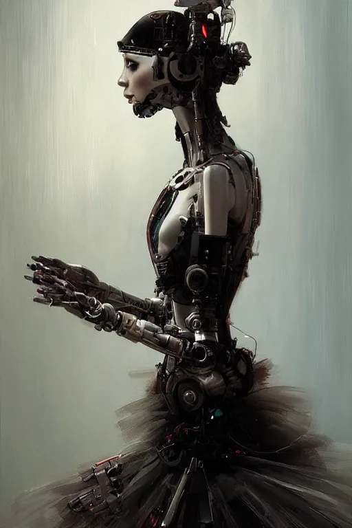 Image similar to sitting beautiful painting of a crowned robotic cyberpunk ballerina in a gothic dark flowing tutu intricate, elegant, highly detailed, digital painting, artstation, concept art, by krenz cushart and artem demura and william adolph bouguereau