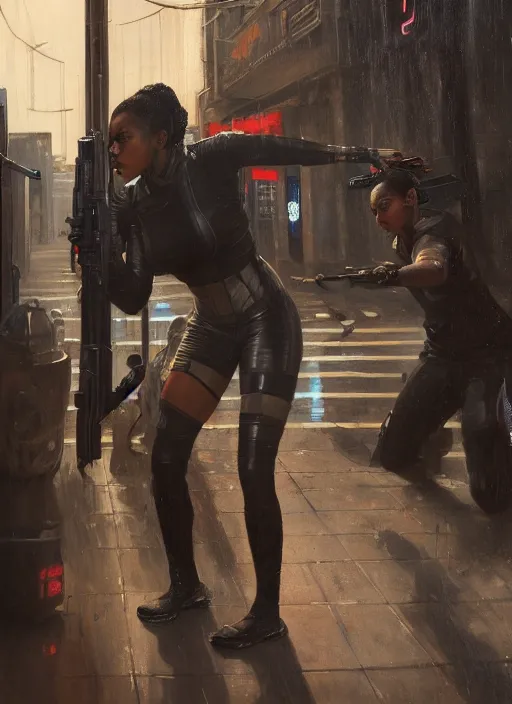 Prompt: Maria Igwe. female cyberpunk assassin assaulting police precinct (blade runner 2049, cyberpunk 2077). Orientalist portrait by john william waterhouse and James Gurney and Theodore Ralli and Nasreddine Dinet, oil on canvas. Cinematic, hyper realism, realistic proportions, dramatic lighting, high detail 4k