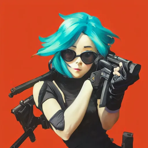 Image similar to greg manchess portrait painting of asada shino sinon as overwatch character, turquoise hair, medium shot, asymmetrical, profile picture, organic painting, sunny day, matte painting, bold shapes, hard edges, street art, trending on artstation, by huang guangjian and gil elvgren and sachin teng