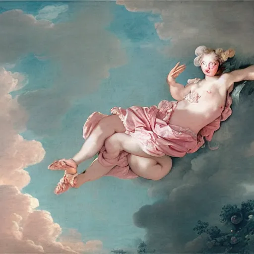 Image similar to heaven on pink clouds adopts the language of Rococo, reimagining the dynamism of works by eighteenth-century artists such as Giovanni Battista Tiepolo, François Boucher, Nicolas Lancret and Jean-Antoine Watteau through a filter of contemporary cultural references including film, food and consumerism