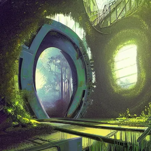 Image similar to stairs leading to a derelict portal in a middle of a lush futuristic forest, alien world seen through a portal, daylight, cinematic lighting, blue sky, syd mead, john harris