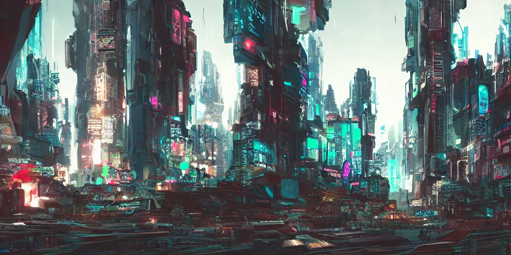 Prompt: several cyberpunk world designs , Kim Jung Gi, trending on Artstation, 8K, ultra wide angle, pincushion lens effect.