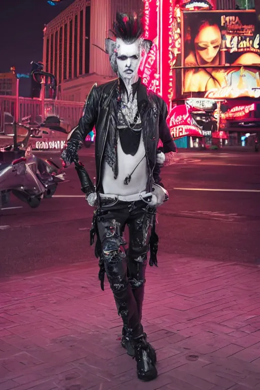 Image similar to full body portrait of a punk vampire on the Las Vegas strip at night, by shan qiao, cinematic, hyper realism, high detail, octane render, 8k,trending on artstation, CGsociety, concept art, kodak ektar