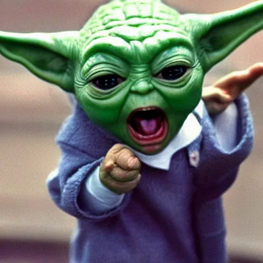 Image similar to donald trump screaming at baby yoda