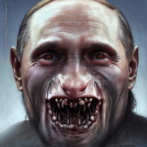 Image similar to vladimir putin, putin is bald caveman, awe face, toothless, saw teeth, reptile eyes, peeling skin, horror macabre face, clown nose, by donato giancola and greg rutkowski and wayne barlow and zdzisław beksinski, realistic face, digital art