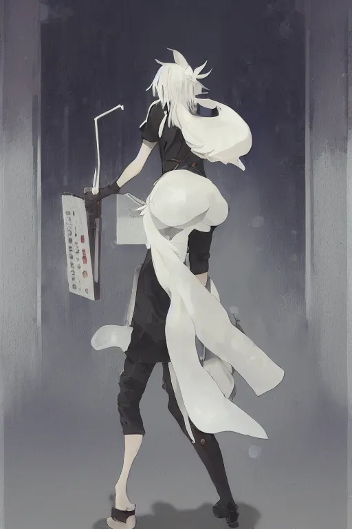 Image similar to a white haired girl with a guitar on her back shopping at a convenience store at night, grey and dark theme, s line, 4 5 angel by krenz cushart and mucha and makoto shinkai and akihito yoshida and greg rutkowski, nier : automata inspired, 4 k resolution