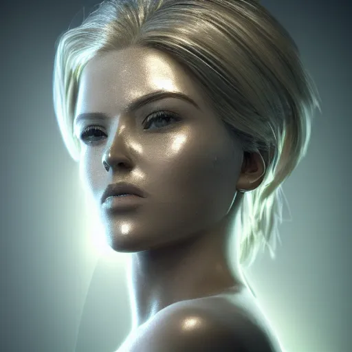 Image similar to beautiful pragmatic face, crystal, platinum, gold, biomechanoid with incredible iridescent pearlescent voluminous fiberoptic hair, crystalline masterpiece implants, hyperdetailed face, elegant pose, movie still, intricate, octane render, cinematic forest lighting, unreal engine, dieselpunk setting, crepuscular rays, god rays.