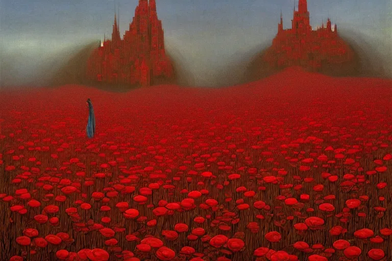 Prompt: only with red, red flowers of different types, a castle in the background, red orcs and trolls dance over the flowers, in the style of beksinski, part by hopper, part by rodcenko, part by hofbauer, intricate composition, red by caravaggio, insanely quality, highly detailed, masterpiece, red light, artstation, 8 k