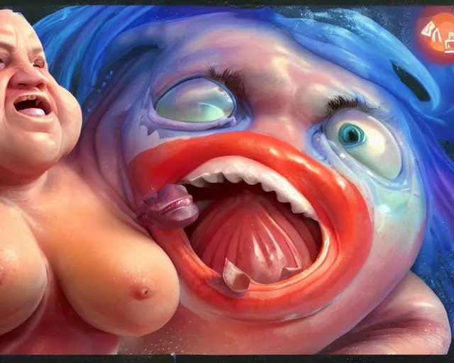 Image similar to of a very beautiful scene. ambient occlusion render. a sweet fat old woman is giving birth to a huge colorful fish. hyper realistic. 4 k. wide angle. sadness symmetrical face, red mouth, blue eyes. deep focus, lovely scene. ambient occlusion render. concept art. unreal engine.