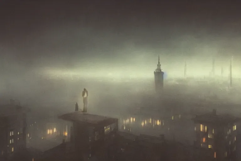 Prompt: The fog looks like little cats feet, sits looking over harbor and city on silent haunches and then moves on. 3D rendering by Liam Wong, painting by Caspar David Friedrich, and photography by Gregory Crewdson, UHD, amazing depth, atmospheric, trending on artstation