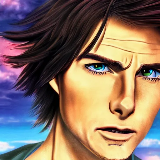 Image similar to anime fine details portrait of Tom cruise at beach anime masterpiece by Studio Ghibli. 4k render.