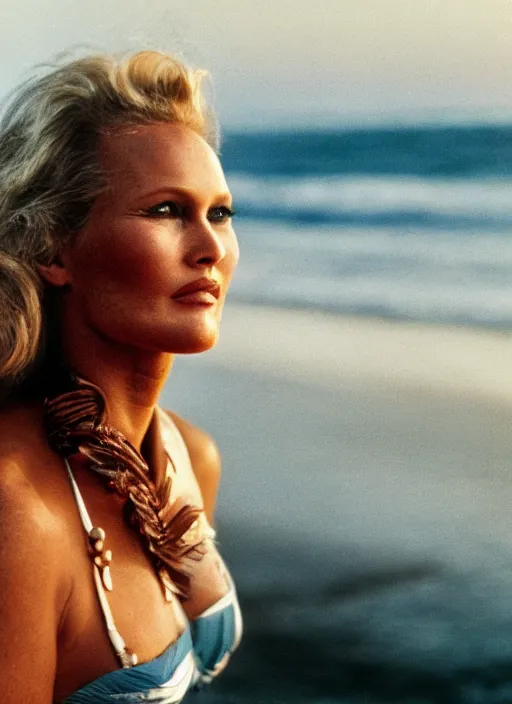 Prompt: A hyper realistic and detailed head portrait photography of Ursula Andress of Dr No walking on a secluded beach. by Cameron Hammond. 1980s art deco revival style. Cinematic. Golden Hour. Kodak Portra 400. Lens flare. 85mm lens