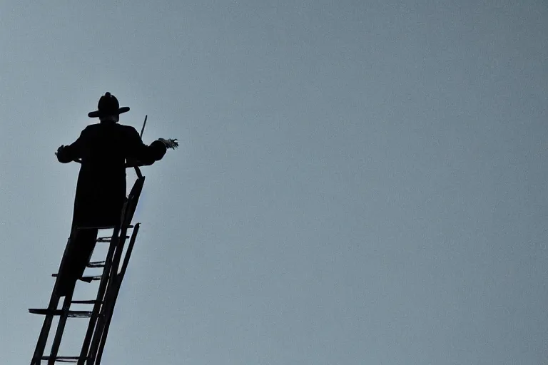 Prompt: “Close-up of a 100 years old man standing high on top of the ladders looking at the sky. In the style of ParkeHarrison”