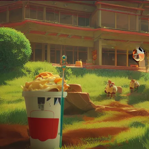 Image similar to mcdonalds, by Miyazaki Nausicaa Ghibli, breath of the wild style, epic composition Trending on Artstation, octane render, Insanely Detailed, 8k, HD