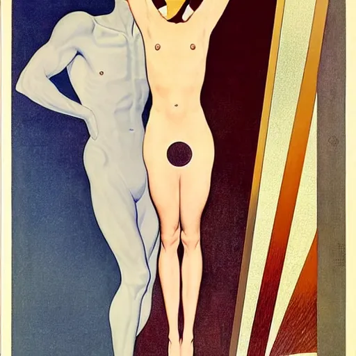 Image similar to art by coles phillips, a tall chrome - skinned god walks the earth, reflective skin, chrome, skin with a mirrror like finish similar to the silver surfer, mucha, kandinsky