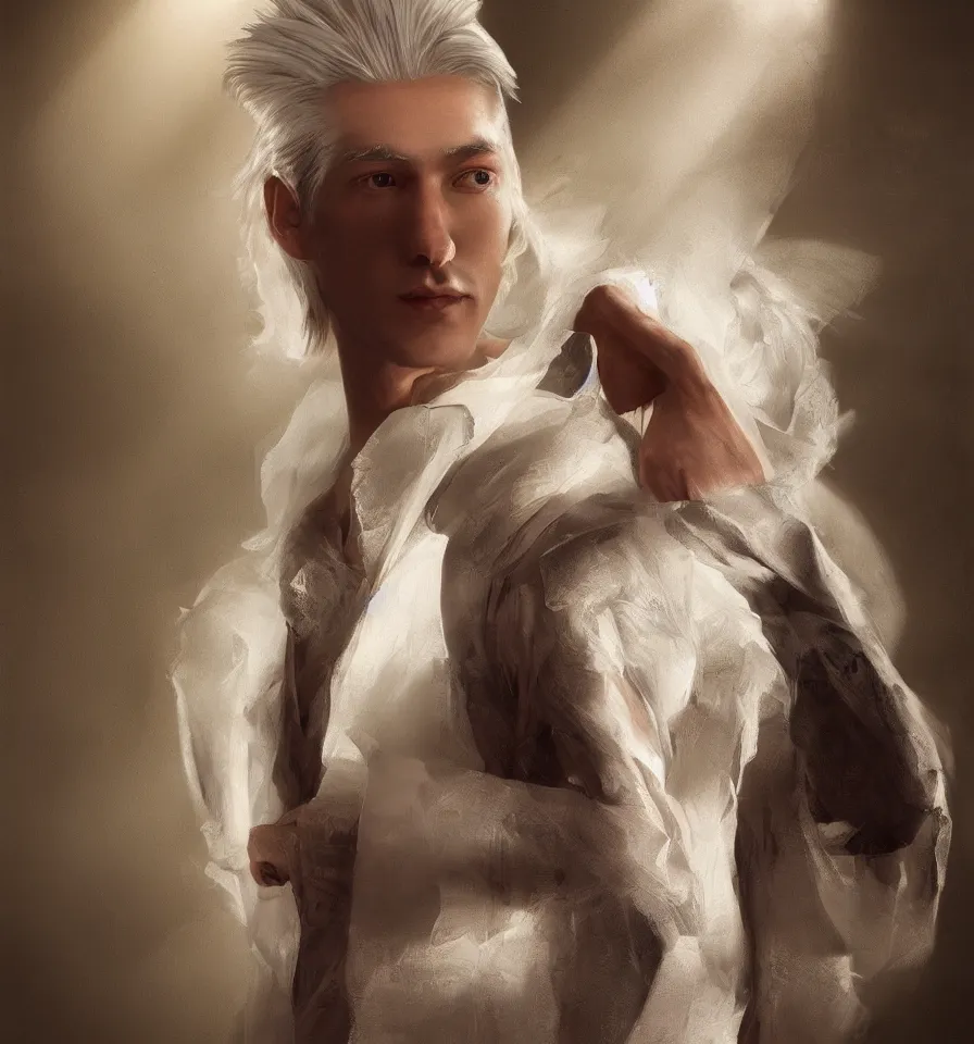 Image similar to a portrait of a young handsome prince with white hair, elegant, beautiful, backlit, incredible lighting, strong rim light, highly detailed, god rays, digital painting, HDRI, by Heise Jinyao, Heise-Lian Yan Fang, Feimo, Richard Taddei, vivid colors, high contrast, 8k resolution, intricate, photorealistic, smooth