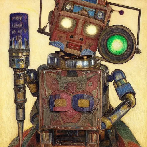 Image similar to the robot with his lantern and crown, by Annie Swynnerton and Diego Rivera , symbolist, dramatic lighting, elaborate geometric ornament, Art Brut, soft cool colors,smooth, sharp focus, extremely detailed, Adolf Wölfli and (Donato Giancola)