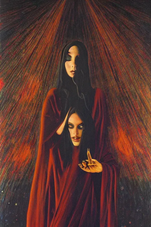 Image similar to gorgeous robed cult girl performing realism third eye ritual, dark theme night time, expanding energy into waves into the ethos, epic surrealism 8k oil painting, portrait, depth of field, perspective, high definition, post modernist layering, by Ernst Fuchs, Gerald Brom