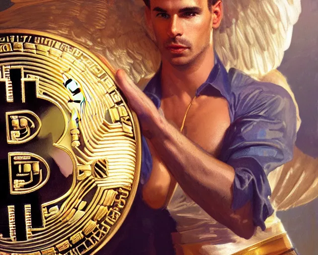 Image similar to attractive oiled up glossy man posing in front of a huge golden bitcoin, angelic light, commercial by annie liebovitz, gaston bussiere, craig mullins, j. c. leyendecker, photorealistic, trending artstation, 8 k, smooth