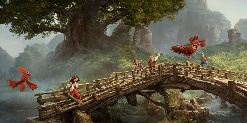 Image similar to two peasant heroes flee across a rickety wooden bridge from a giant eagle who swoops down in pursuit with talons extended. Pixar and Disney animation, sharp, Rendered in Unreal Engine 5, new video game concept art, redshift, dramatic lighting