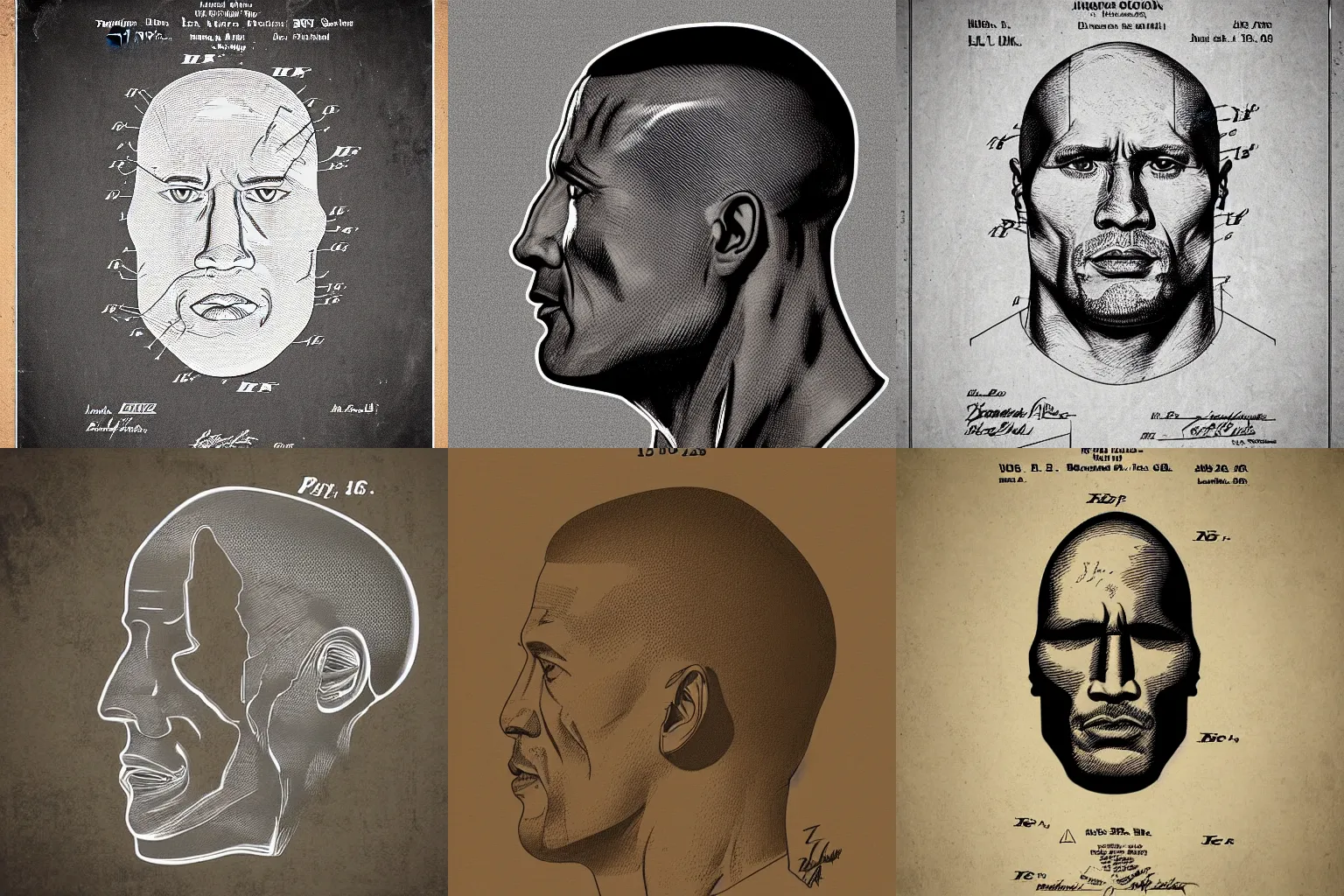 Prompt: US patent Drawing schematics of Dwayne johnson's head