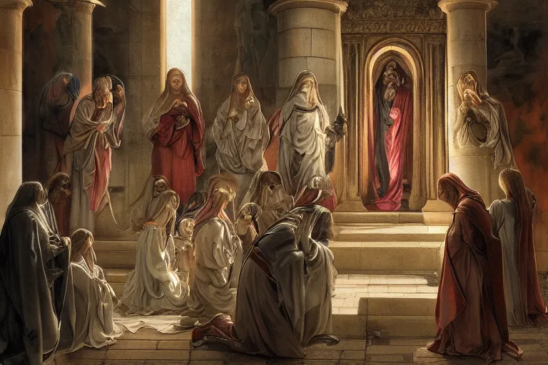 Image similar to inside the sepulchre, dark scene, light coming in from the left, steps leading down, 3 marys crouching in colored robes at the tomb | medium close | fibonacci composition, by artgerm, sophie anderson, rubens