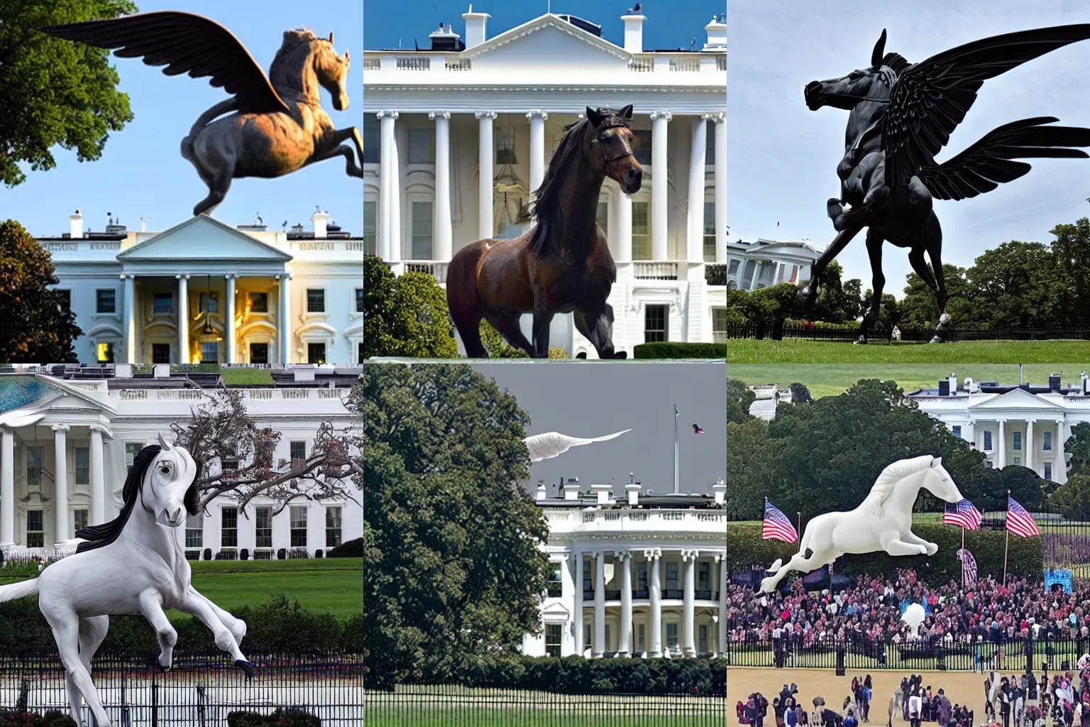 Prompt: a giant horse with wings, flying over the White house