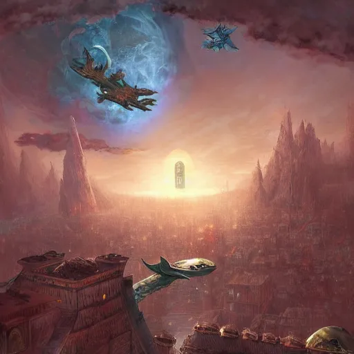 Image similar to an epic fantasy battle from gardens of the moon, moons spawn hanging over the city of pale, tattersail engaged in a mage battle against anomander rake, who is barely visible in the little red doorway on top of the flying fortress by marc simonetti