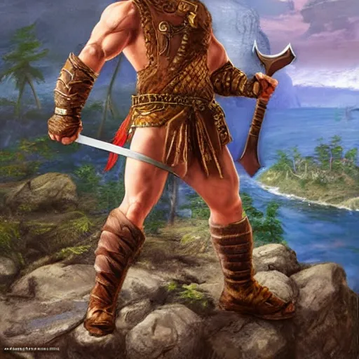 Image similar to character art, d&d, muscular fighter wearing leather chest plate with uncovered arms, ginger hair, great sword, feet standing in a rocky environment by john avon, matte painting by drew struzan and simon bisley, render