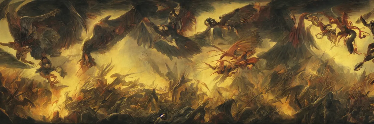 Prompt: Paradise Lost and the fall of Babylon as angels and demon fight in an unending battle. John Martin, Greg Rutkowsi, Daarken