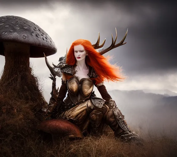 Image similar to a photo of an armored woman warrior redhead with antlers sitting on a giant mushroom that covers a whole village and reaches above the clouds by luis royo. intricate. lifelike. soft light. sony a 7 r iv 5 5 mm. cinematic post - processing