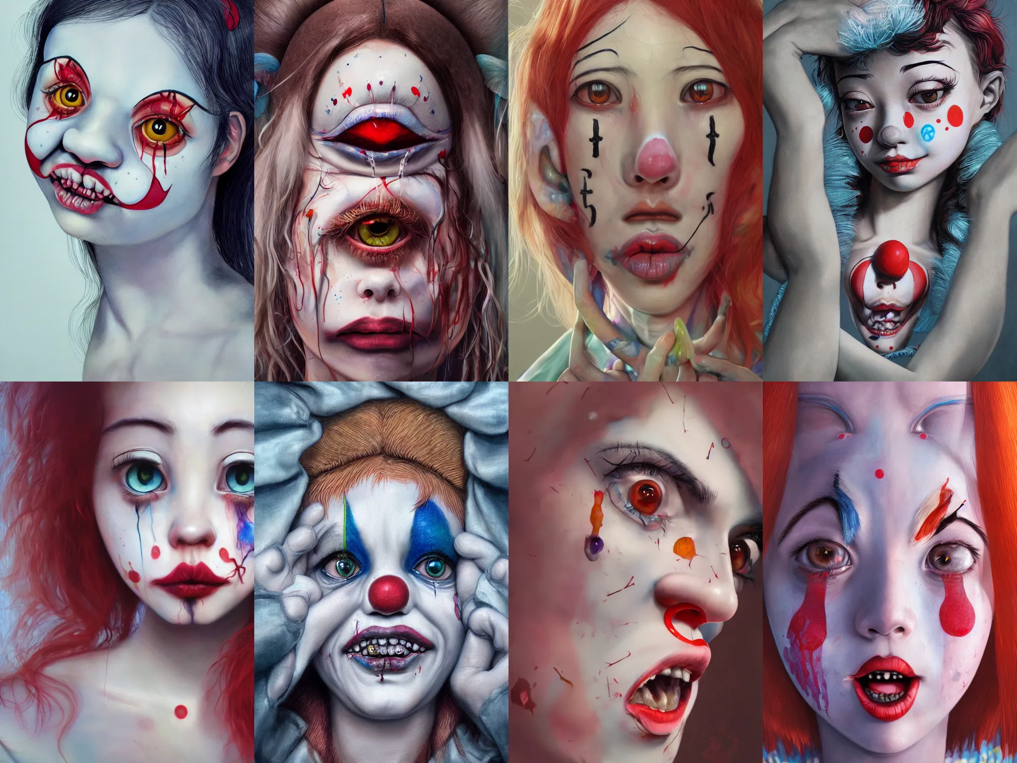 Image similar to detailed painting of clown girl crying, piercing eyes, james jean, miho hirano, hyperrealistic, octane render, ambient light, dynamic lighting