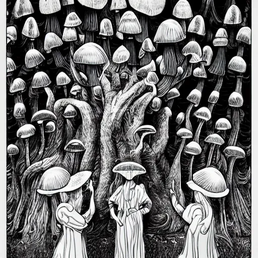 Prompt: mushroom goddess with group of elders, discussing the new season of friends, cynical realism, hiroya oku intricate penwork, yoshitaka amano, chris cunningham, black and white, beautiful lighting, manga in the style of drummond, 3 d render, 8 k