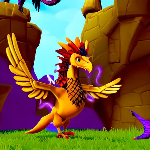 Image similar to screenshot of a humanoid anthropomorphic griffin bard with a feather in its cap as an enemy in spyro the dragon video game, with playstation 1 graphics, activision blizzard, upscaled to high resolution