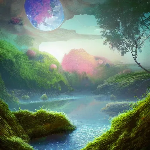 Image similar to beautiful digital painting of a lush natural scene on a colourful alien planet by vincent bons. ultra sharp high quality digital render. detailed. beautiful landscape. weird vegetation. water. soft colour scheme. grainy.