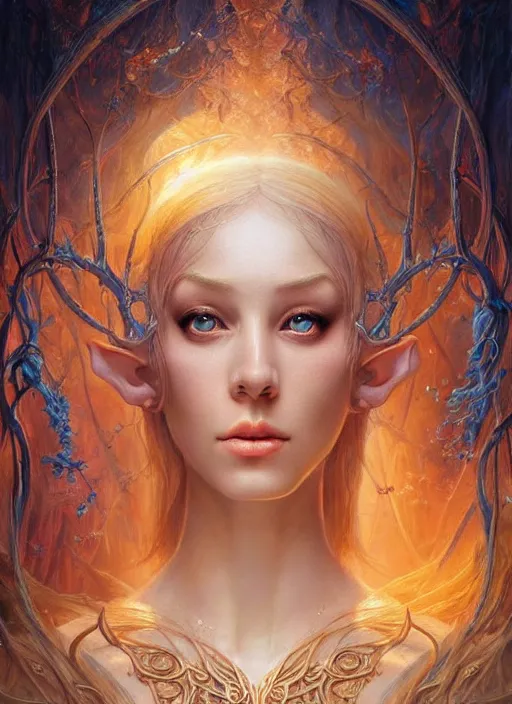 Image similar to masterpiece painting of beautiful elven girl portrait by elena kukanova, jeff easley, background by james jean and zdizslaw beksinski, 8 k, epic, majestic, intricate artwork, volumetric lighting, porcelain skin, french nouveau, trending on artstation, behance