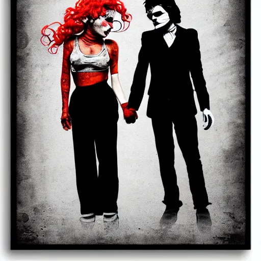 Image similar to mimmo rottela and banksy as joaquin phoenix skinny joker holding hand lady gaga harley queen, ultra photorealistic, intricate details, pop art style, concept art, random object movement, 3 colors, 4 k, smooth, sharp focus