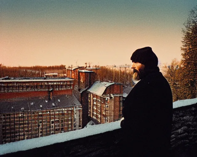 Image similar to award - winning lomographic tarkovsky film still of 4 0 years russian man with beard and sweater standing on small hrushevka 9 th floor balcony in taiga looking at sunset, cinestill, bokeh