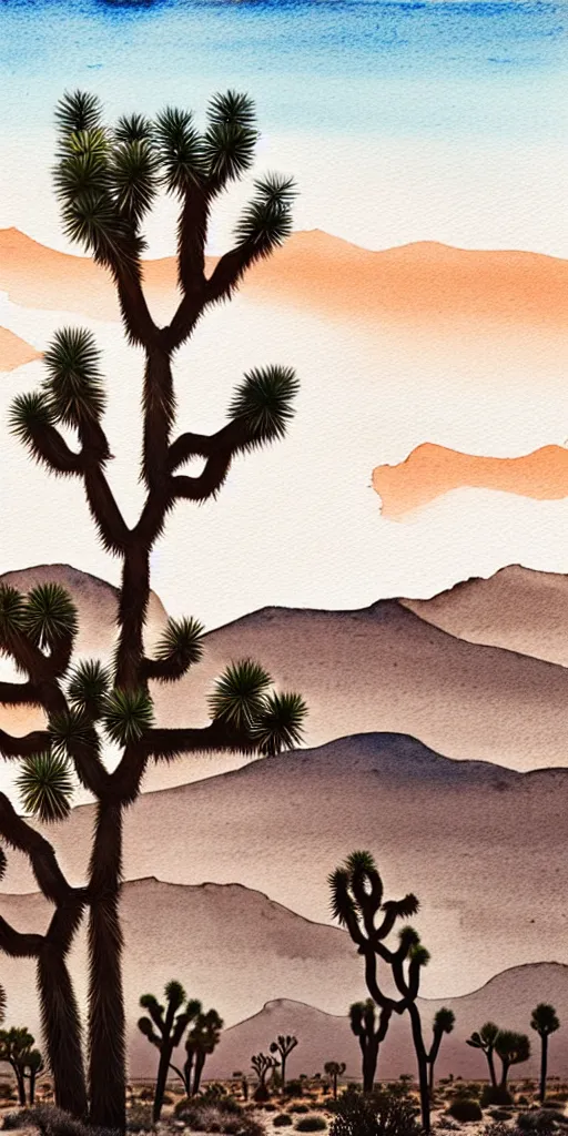 Image similar to hyper detailed Joshua tree desert watercolor painting, boho, mid century, modern, beige and Grey sunset, finely detailed, hd, 8k minimalism, edge to edge, 8k