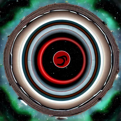 Prompt: large spaceship expansive view traversing the deep space towards a yin - yang symbol