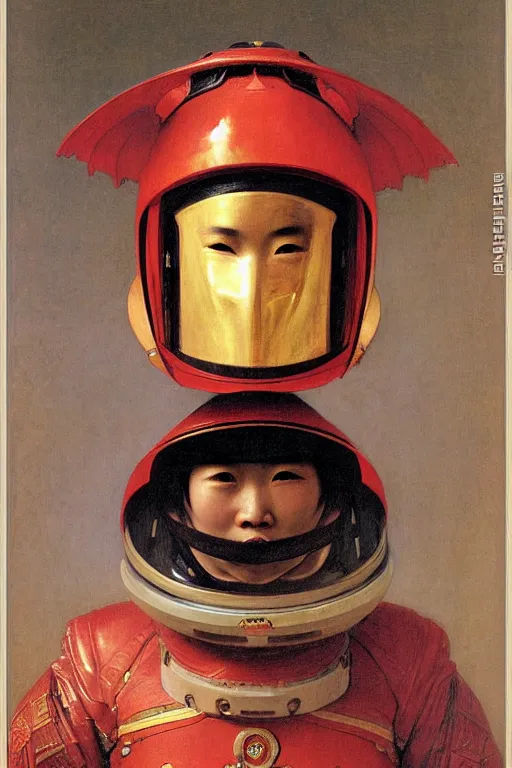 Image similar to portrait of a chinese dragon astronaut in chinese armor and helmet, by bouguereau