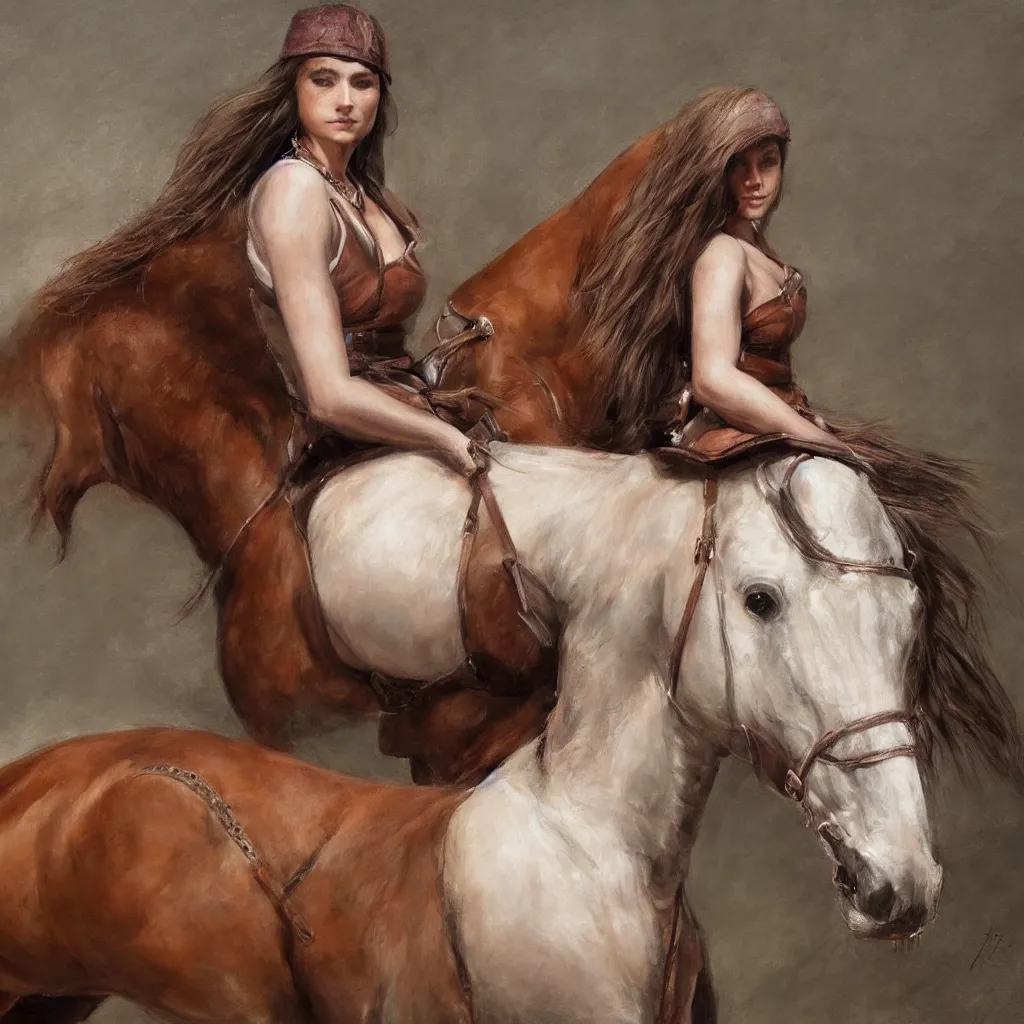 Prompt: photorealistic portrait of a beautiful woman sitting on a horse, hd,