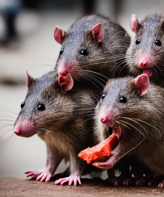 Image similar to high quality presentation photo of vicious anthropomorphic rats with sharp teeth eating meat, photography 4k f1.8 anamorphic bokeh 4k Canon Nikon