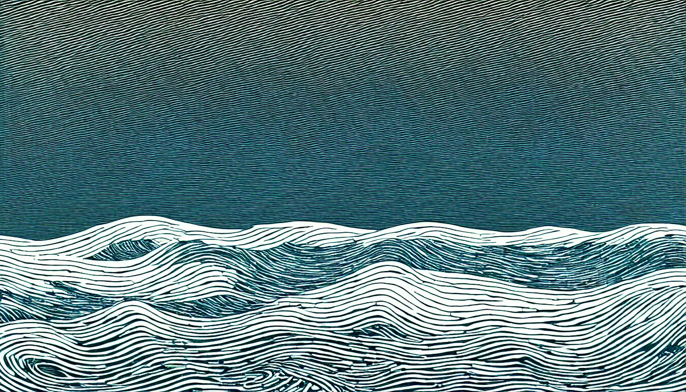 Image similar to under ocean wave by dan mumford and peter doig and edward hopper, symmetrical, minimal, black ink, thick lines highly detailed, muted colours 8 k