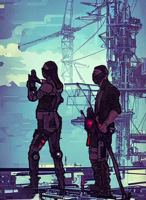 Prompt: cyberpunk cia assassins on skiff. oil rig in the background. portrait illustration, pop art, art by ashley wood, alphonse mucha, laurie greasley and josan gonzalez. cinematic. dynamic lighting. realistic proportions. creative design. cell shading
