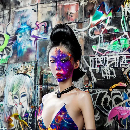 Prompt: photo realistic, high level of detail, high resolution, 3 5 mm lens : ( subject = korean top model + ( object = ( high definition highly detailed baroque cyberpunk shamaness, varnished oil paint in bright colors on black background with small background color splatters, by katsuhiro otomo ) as graffiti on the wall ) )