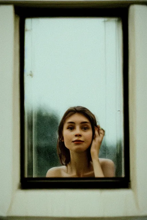 Image similar to kodak portra 4 0 0 photograph of a person looking out through their window, eyes, beautiful eyes, stunning eyes, close up, telephoto, faded effect, grain,