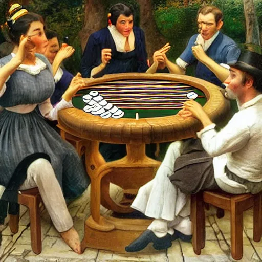 Image similar to A beautiful photograph of a group of monkeys playing backgammon. The monkeys are seated around a table, with some of them appearing to be deep in concentration while others appear to be playing more casually. Pride Prejudice, overhead view by Paul Gustave Fischer graceful