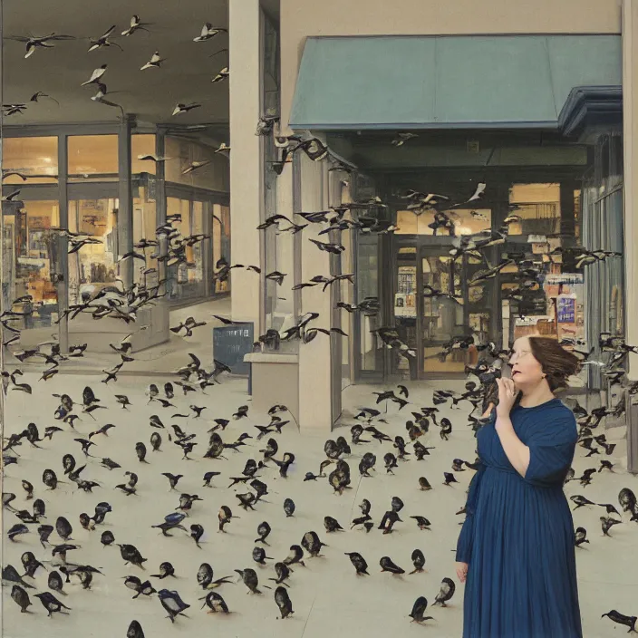 Prompt: a woman surrounded by birds, in a strip mall, color photograph, by john william waterhouse, canon eos c 3 0 0, ƒ 1. 8, 3 5 mm, 8 k, medium - format print